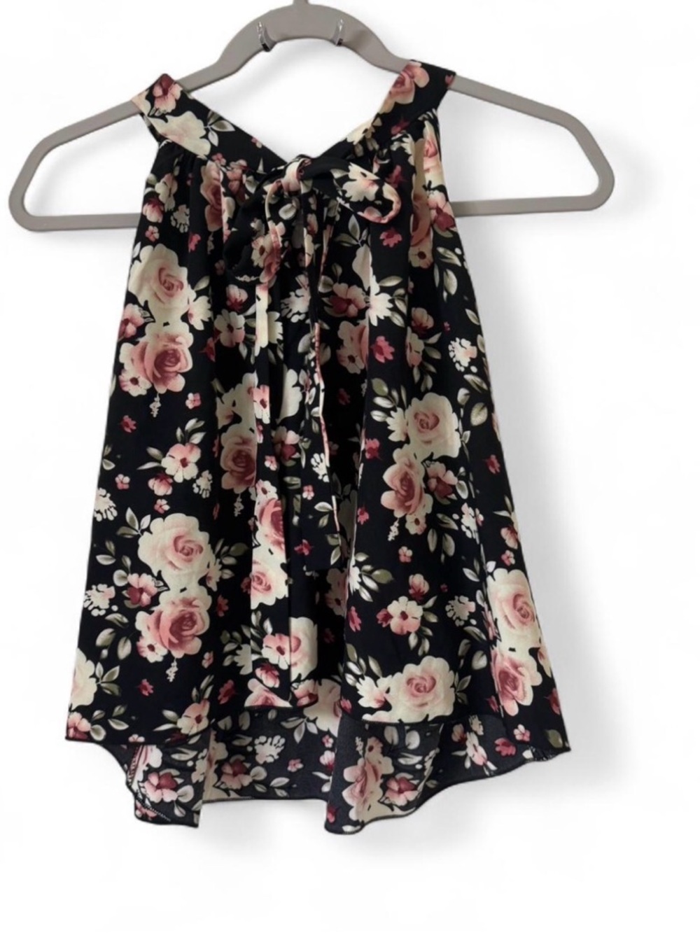 SHEIN Black Floral Halter Tie-Back Tank Top
